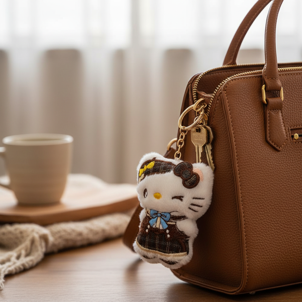 Kawaii White Cat Plush Keychain | 9cm Cute Plaid Academy Uniform & Beret Series Bag Charm | Preppy Style Mini Plush Pendant (KC-75785)
