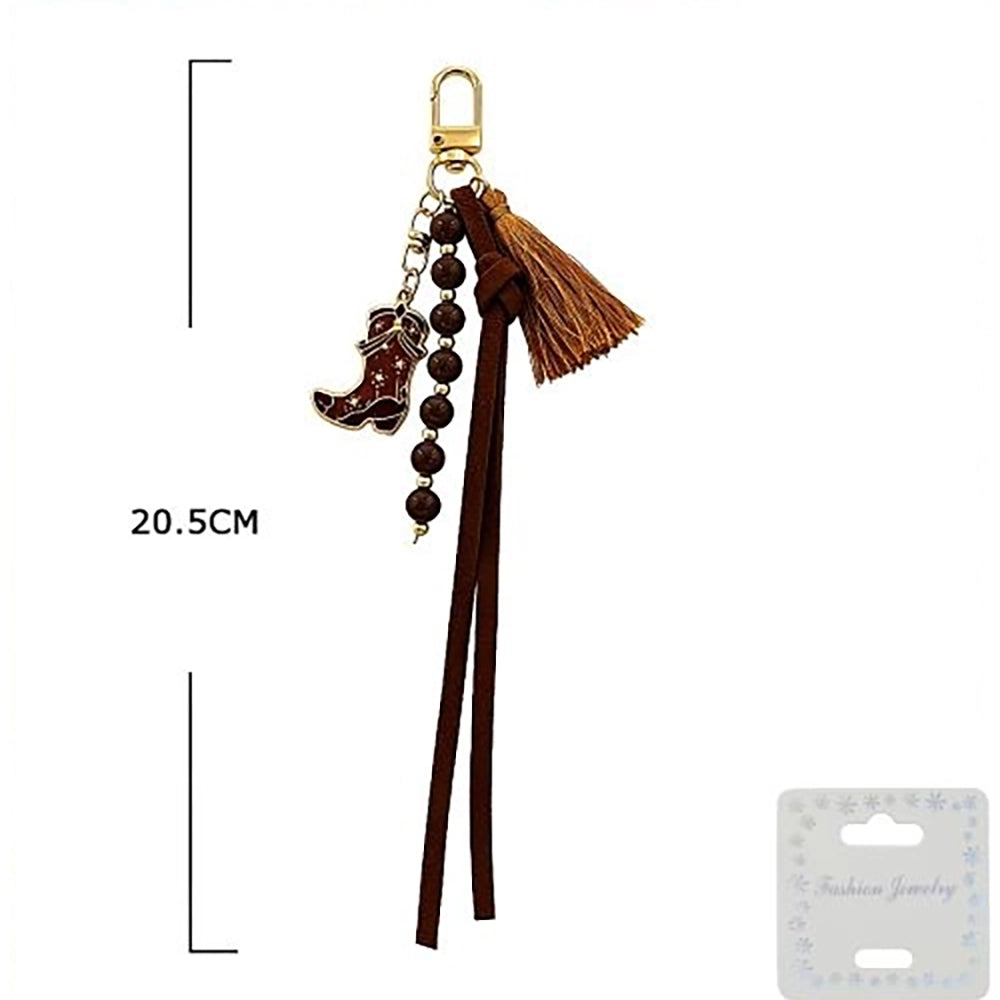 Western Cowboy Boot Keychain & Bag Charm with Tassel & Suede Ties – 20.5cm (KC-75792)