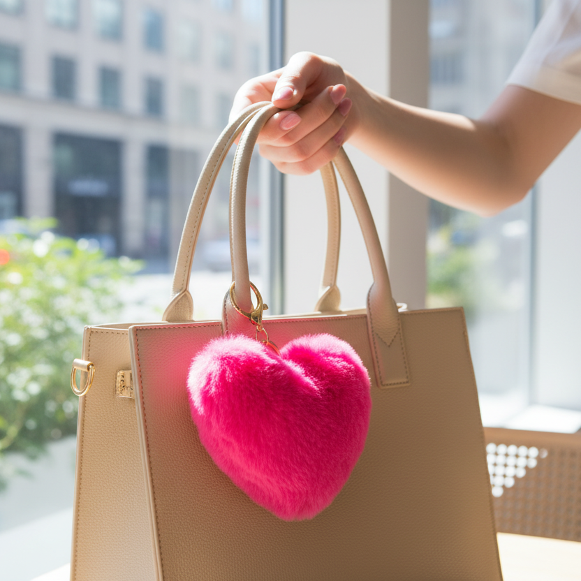Luxury Heart Faux Fur Keychain – Soft Plush Heart Bag Charm & Key Ring, 14cm x 11cm (KC01)