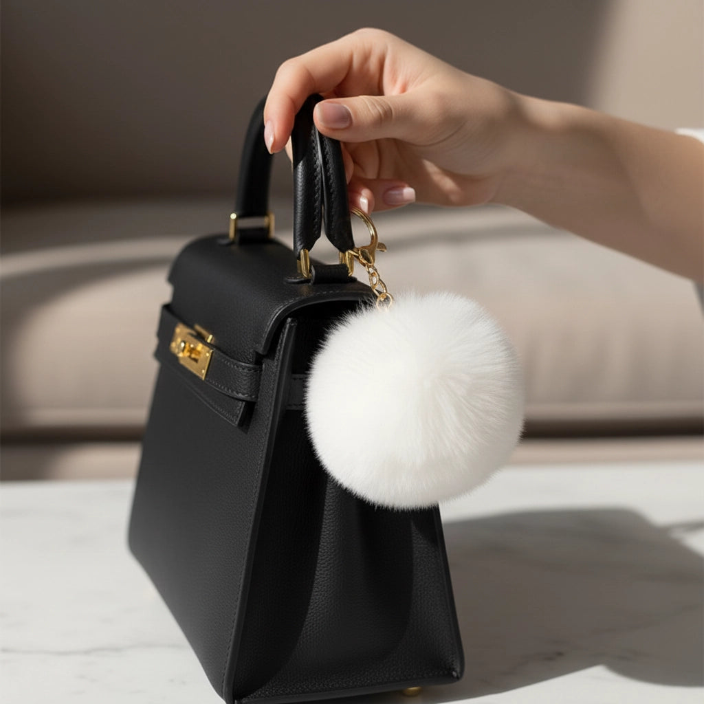 14cm Faux Fur Pom Pom Keychain – Soft Plush Ball Bag Charm (12-Piece Bulk Set, Black & White) (KC02BW)