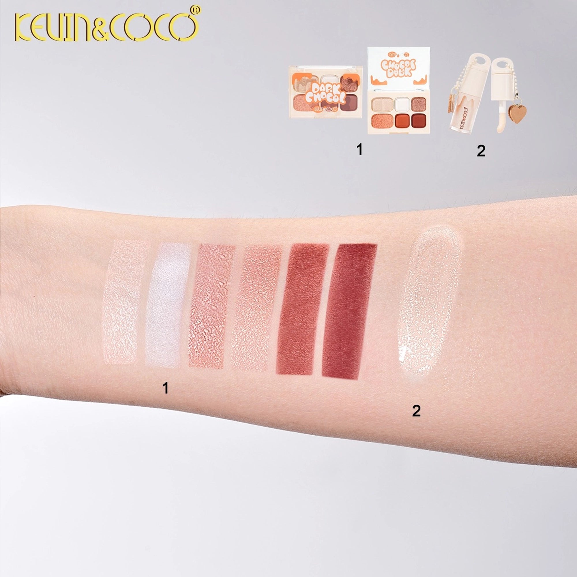 Kevin & Coco - Dark Chocol 6-Piece Makeup Set | Mini Eyeshadow & Highlighter Palette with Lip Gloss Keychain