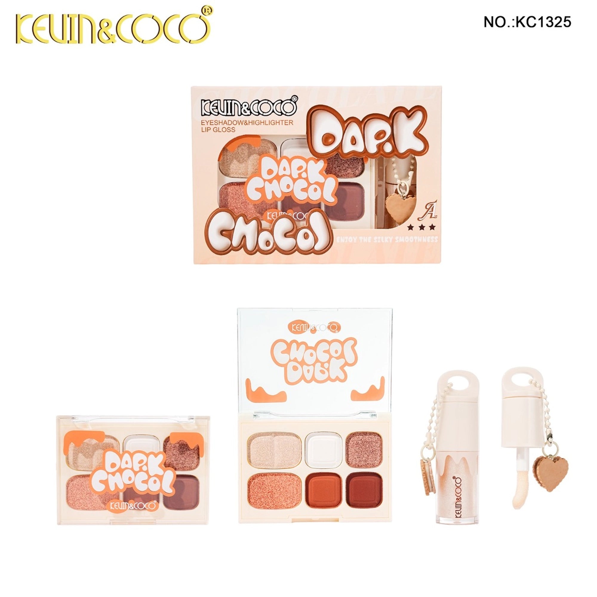 Kevin & Coco - Dark Chocol 6-Piece Makeup Set | Mini Eyeshadow & Highlighter Palette with Lip Gloss Keychain