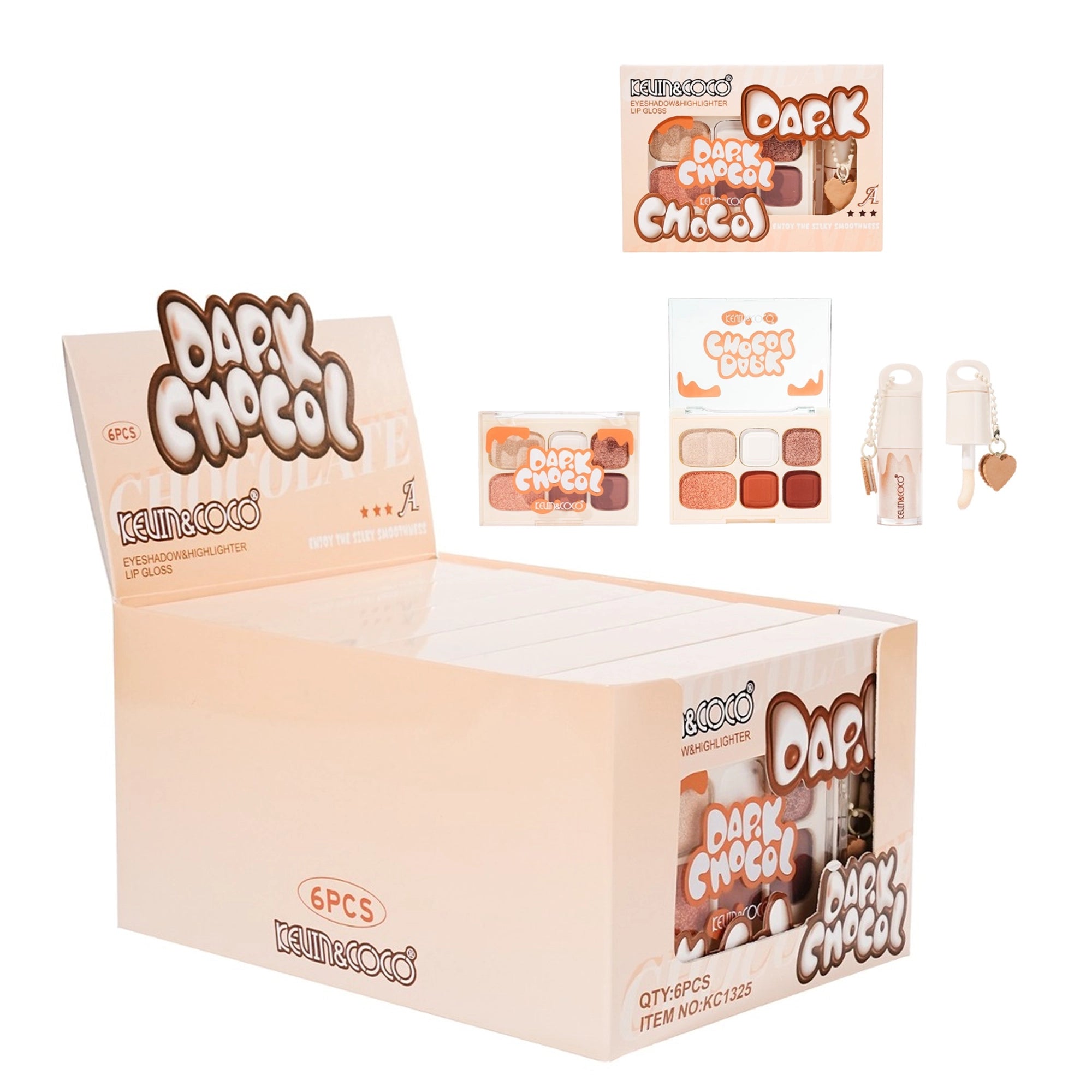 Kevin & Coco - Dark Chocol 6-Piece Makeup Set | Mini Eyeshadow & Highlighter Palette with Lip Gloss Keychain