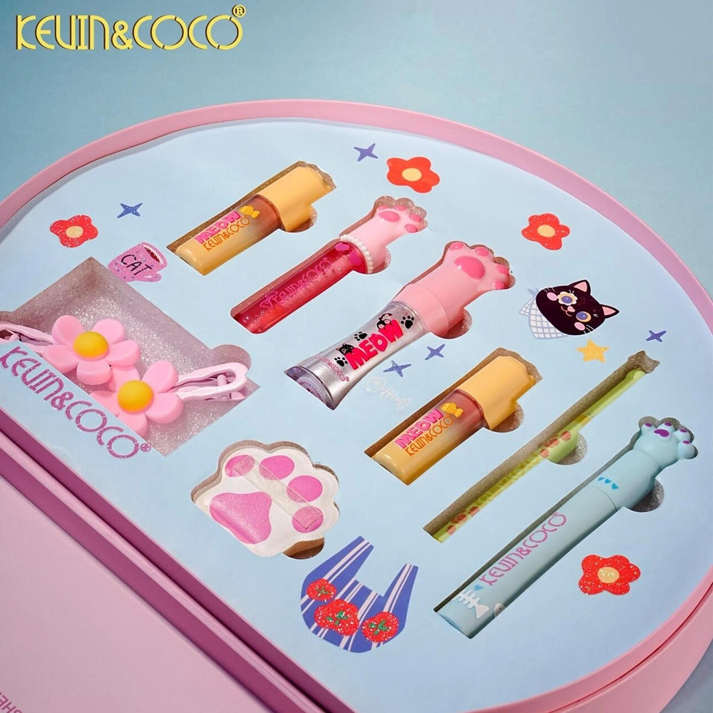 Kevin & Coco - MEOW Makeup Gift Set - Complete 6-Piece Cat-Themed Beauty Vault for Face, Eyes, & Lips