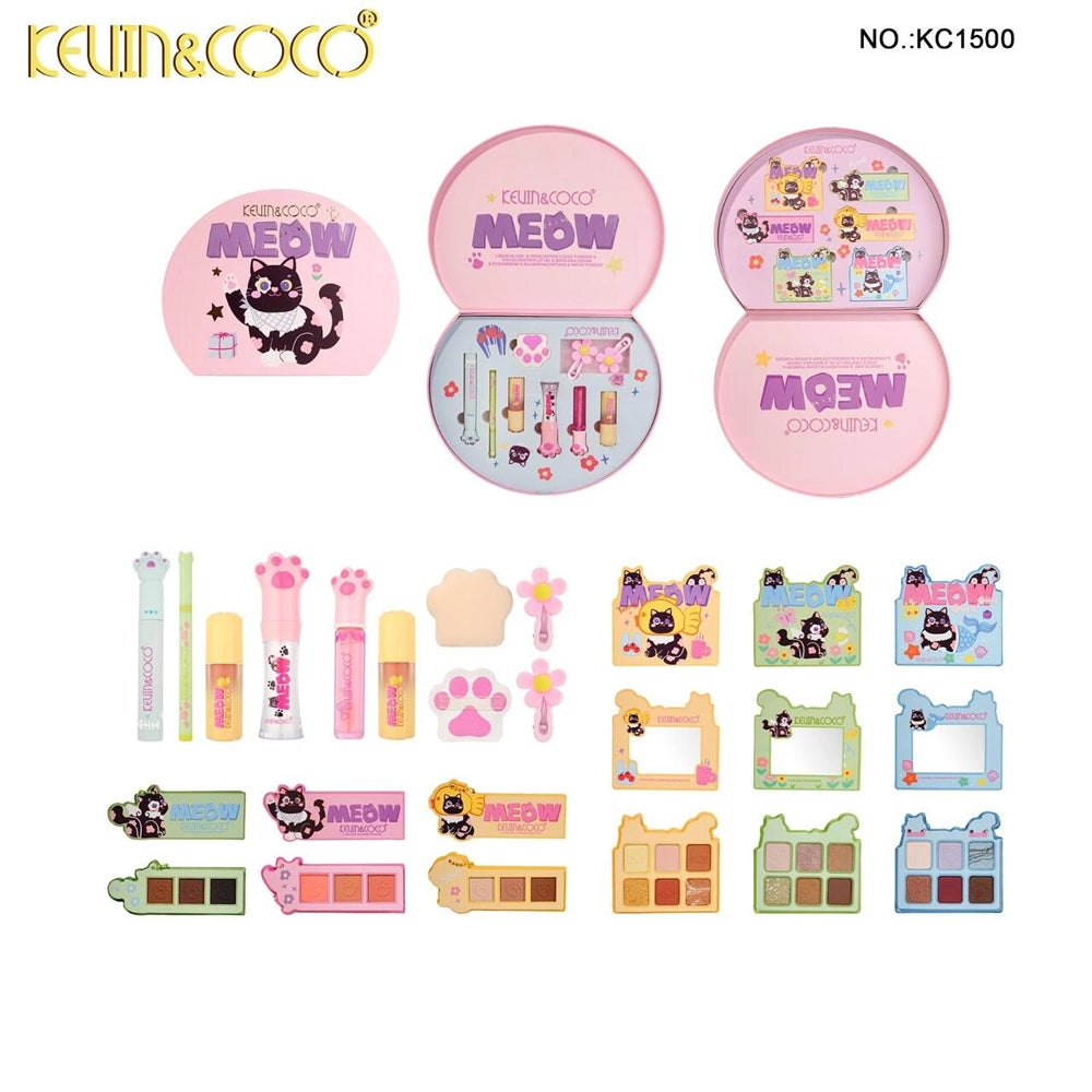 Kevin & Coco - MEOW Makeup Gift Set - Complete 6-Piece Cat-Themed Beauty Vault for Face, Eyes, & Lips