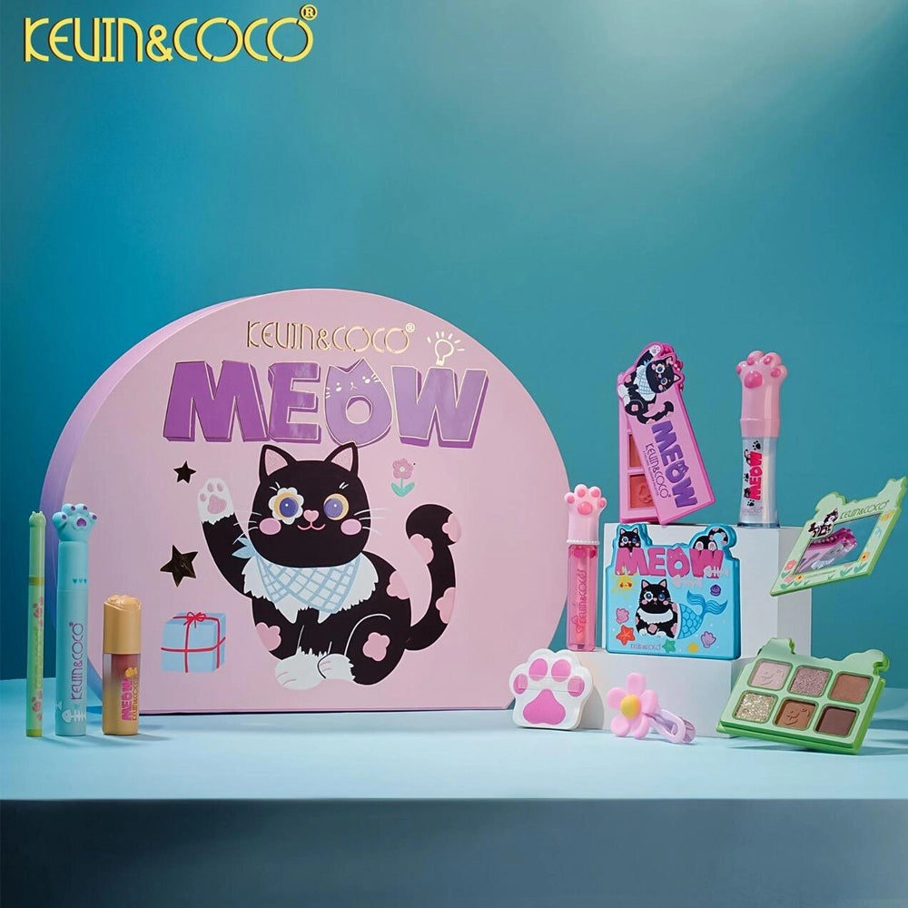 Kevin & Coco - MEOW Makeup Gift Set - Complete 6-Piece Cat-Themed Beauty Vault for Face, Eyes, & Lips