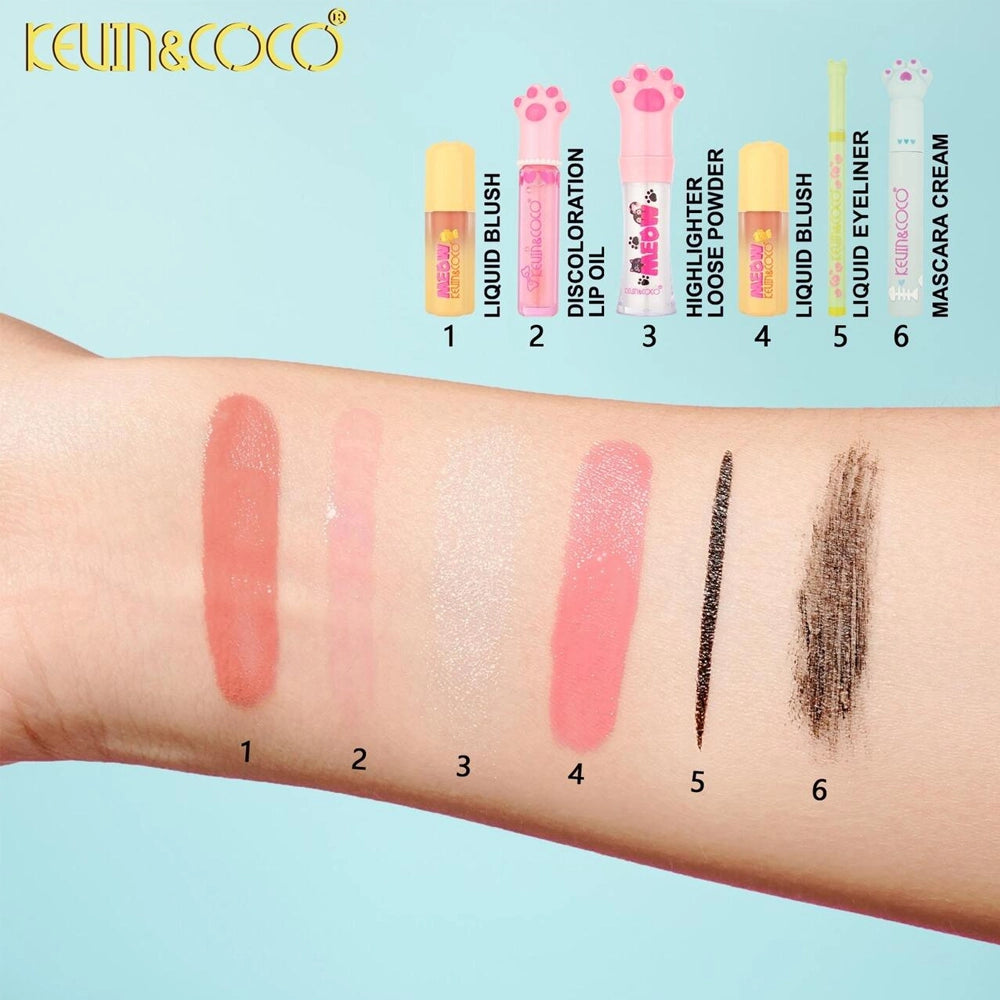 Kevin & Coco - MEOW Makeup Gift Set - Complete 6-Piece Cat-Themed Beauty Vault for Face, Eyes, & Lips