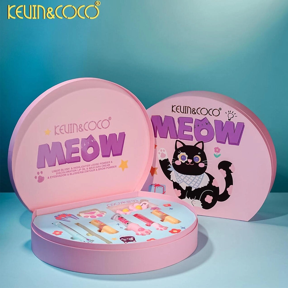 Kevin & Coco - MEOW Makeup Gift Set - Complete 6-Piece Cat-Themed Beauty Vault for Face, Eyes, & Lips