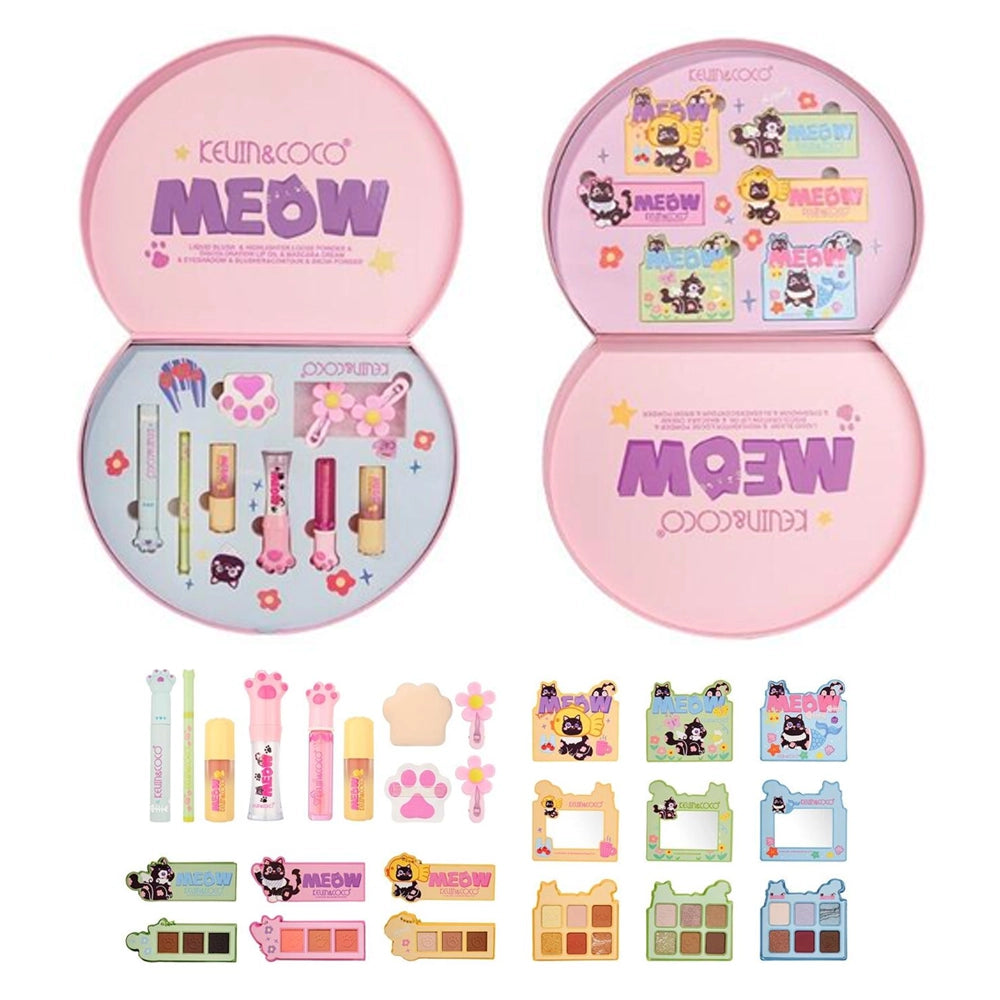 Kevin & Coco - MEOW Makeup Gift Set - Complete 6-Piece Cat-Themed Beauty Vault for Face, Eyes, & Lips