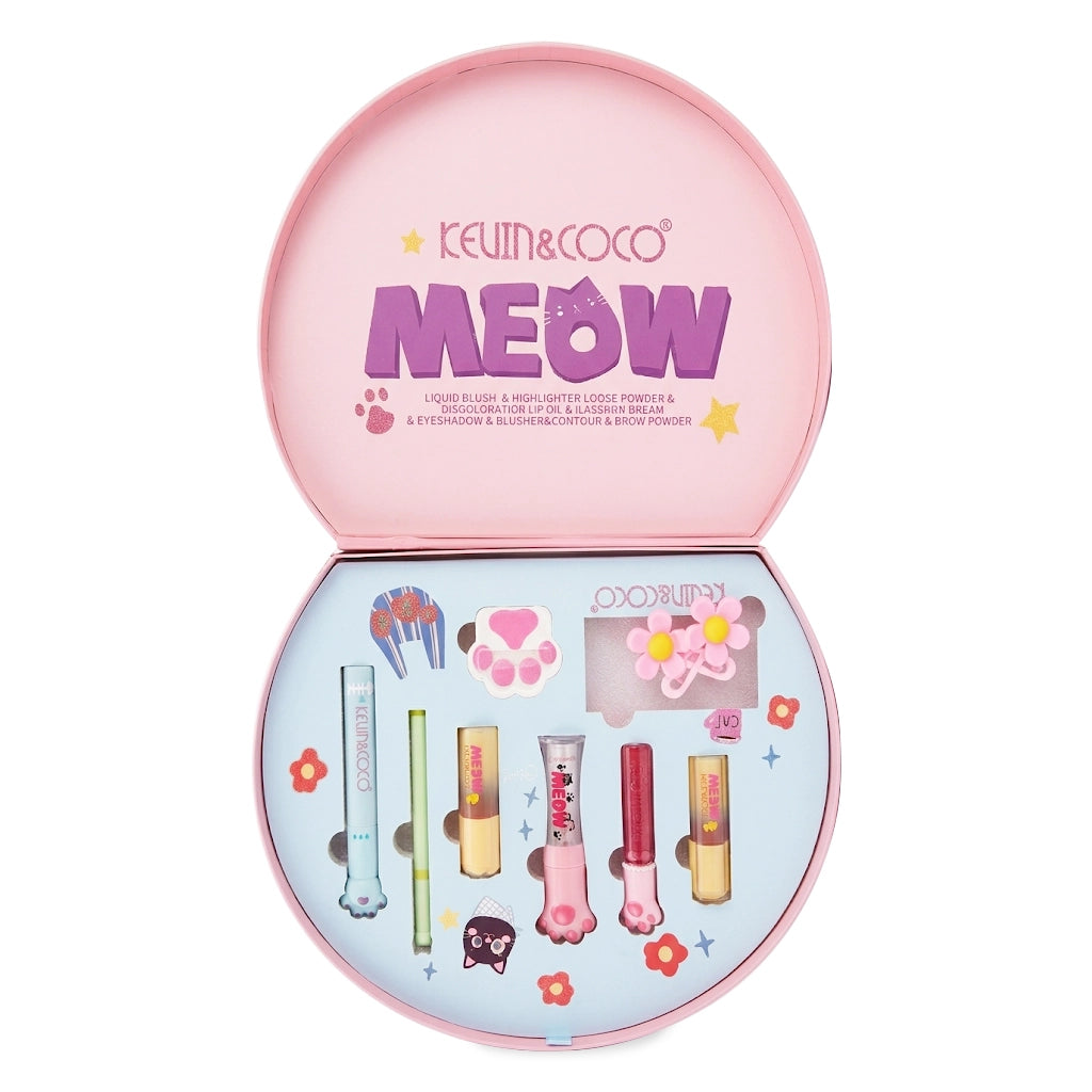 Kevin & Coco - MEOW Makeup Gift Set - Complete 6-Piece Cat-Themed Beauty Vault for Face, Eyes, & Lips