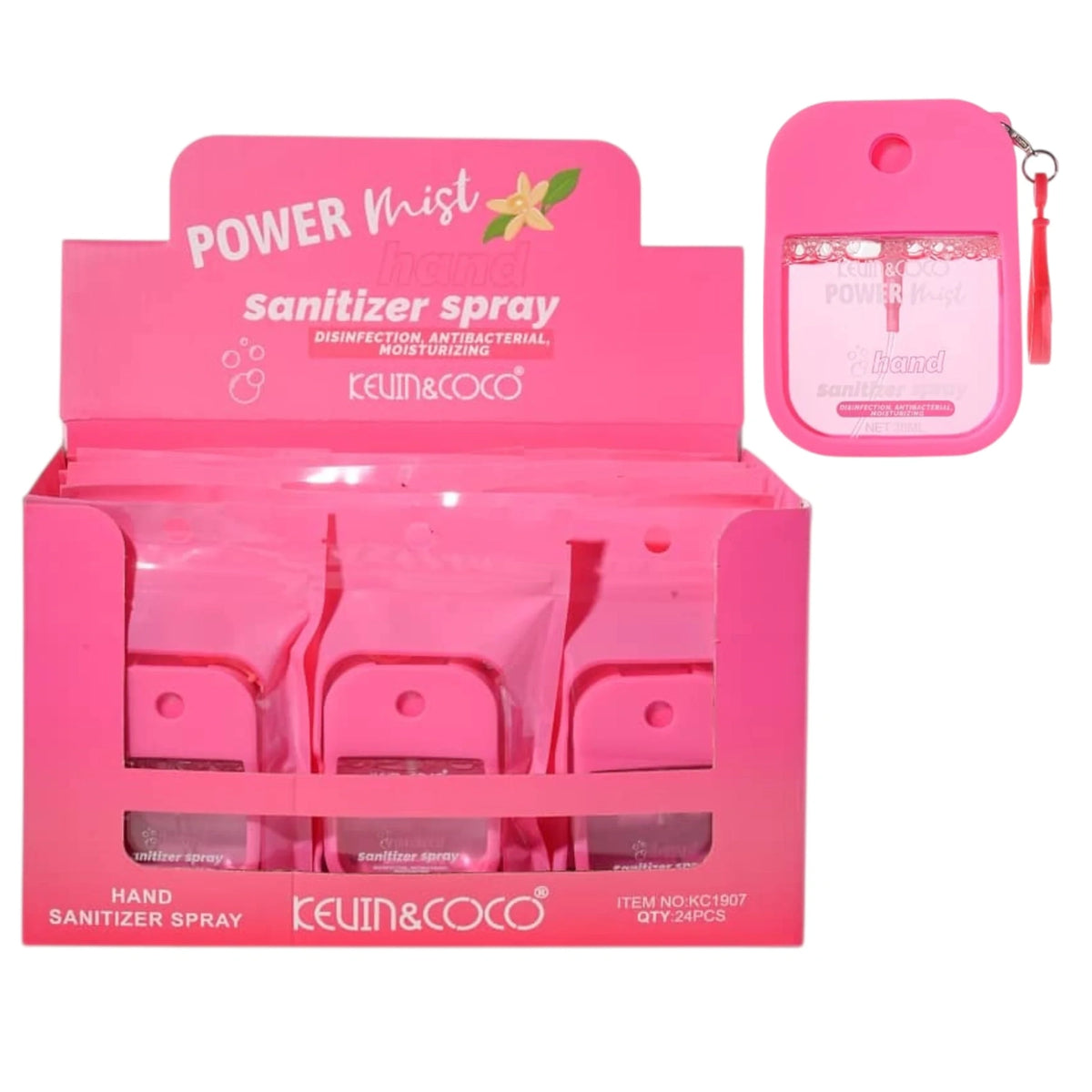 Kevin & Coco Power Mist Hand Sanitizer Spray – Portable Antibacterial & Moisturizing Pocket Mist with Keychain Case 24 Pcs