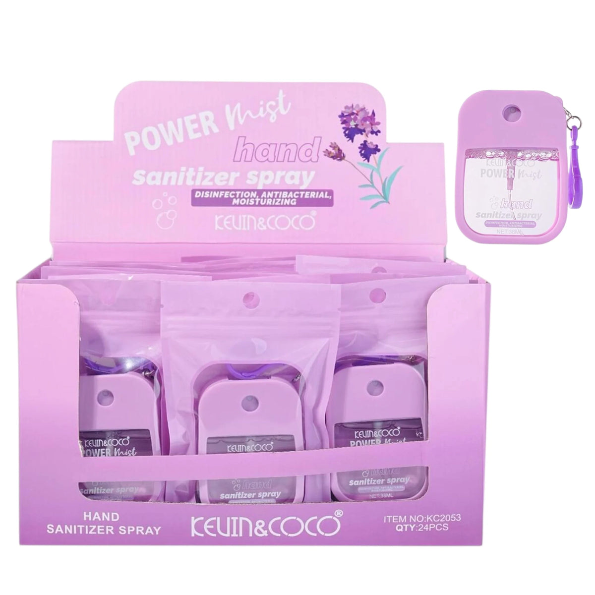 Kevin & Coco Lavender Power Mist Hand Sanitizer Spray (38ml) | Disinfection, Antibacterial & Moisturizing Pocket Mist with Keychain Clip (24pcs)