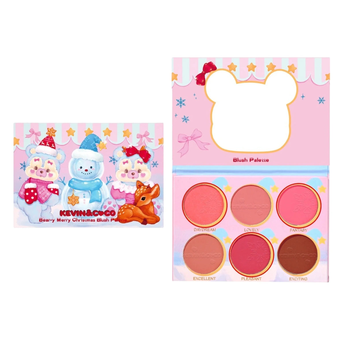 Kevin & Coco "Bear-y Merry Christmas" 6-Pan Blush Palette Display Set | Holiday Powder Cheek Palette with Bear Mirror (6 Pack)