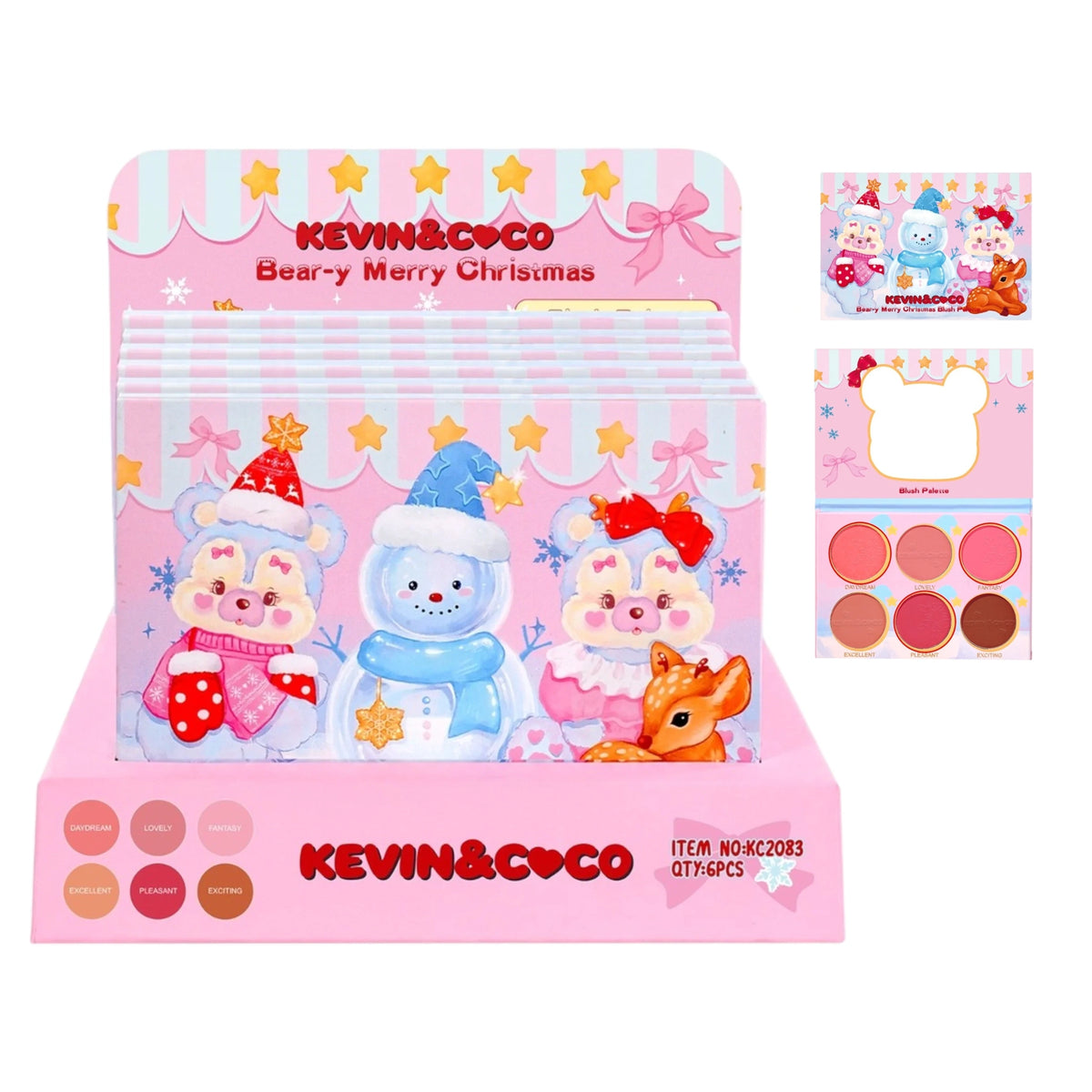 Kevin & Coco "Bear-y Merry Christmas" 6-Pan Blush Palette Display Set | Holiday Powder Cheek Palette with Bear Mirror (6 Pack)