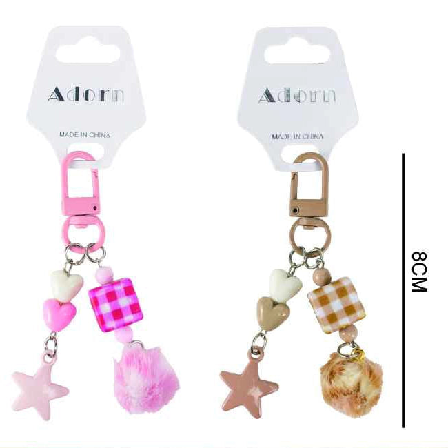 Y2K Aesthetic Beaded Keychain - Pom Pom & Heart Charm Accessory (KC43)