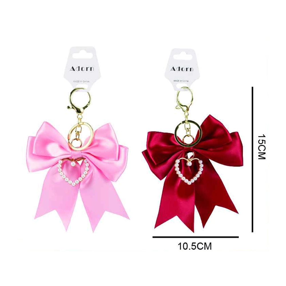 Heart Pearl Satin Bow Keychain – Elegant Ribbon Bag Charm for Purses & Backpacks (KC44)