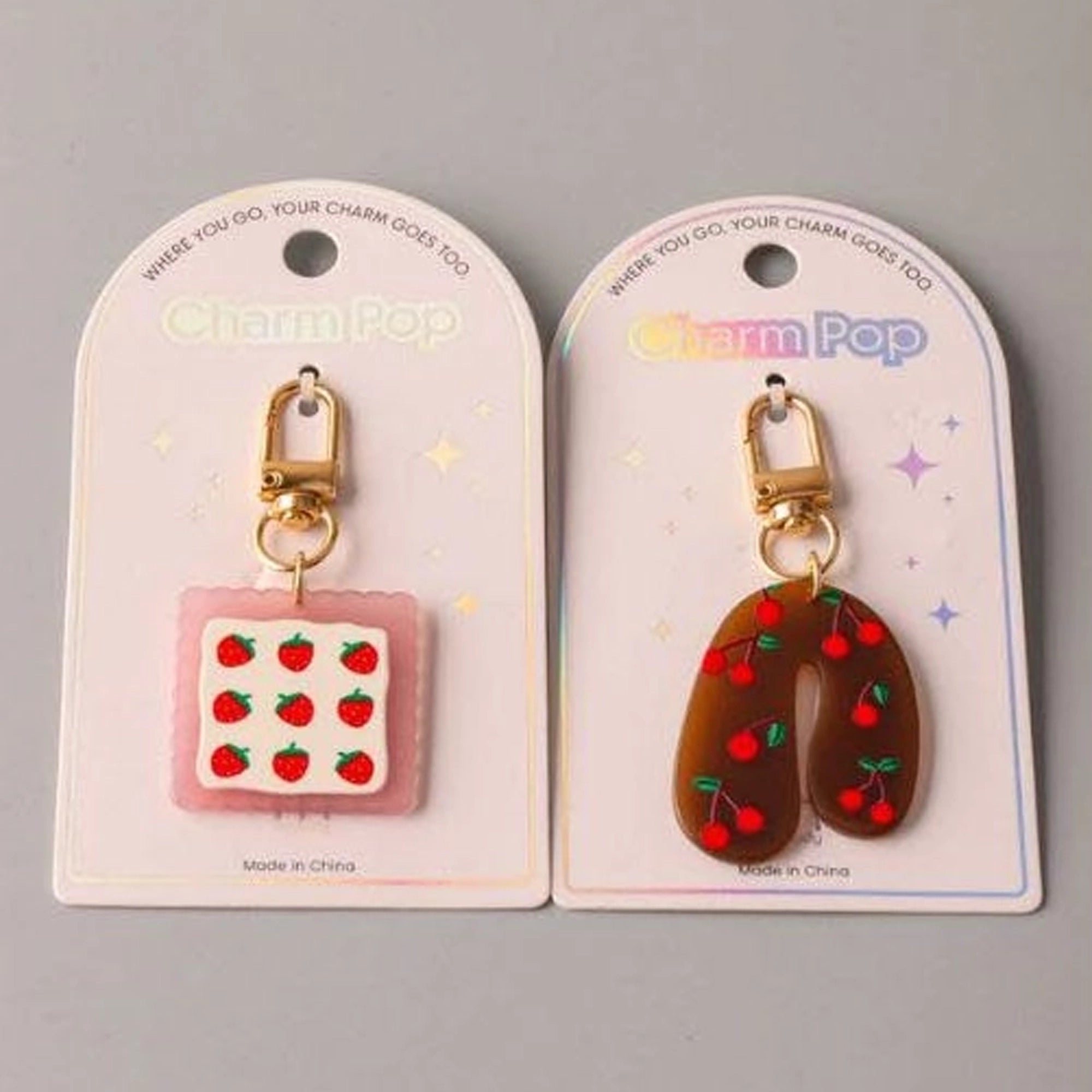 Strawberry & Cherry Fruit Charm Keychains - Kawaii Acrylic Accessories (KC6059)