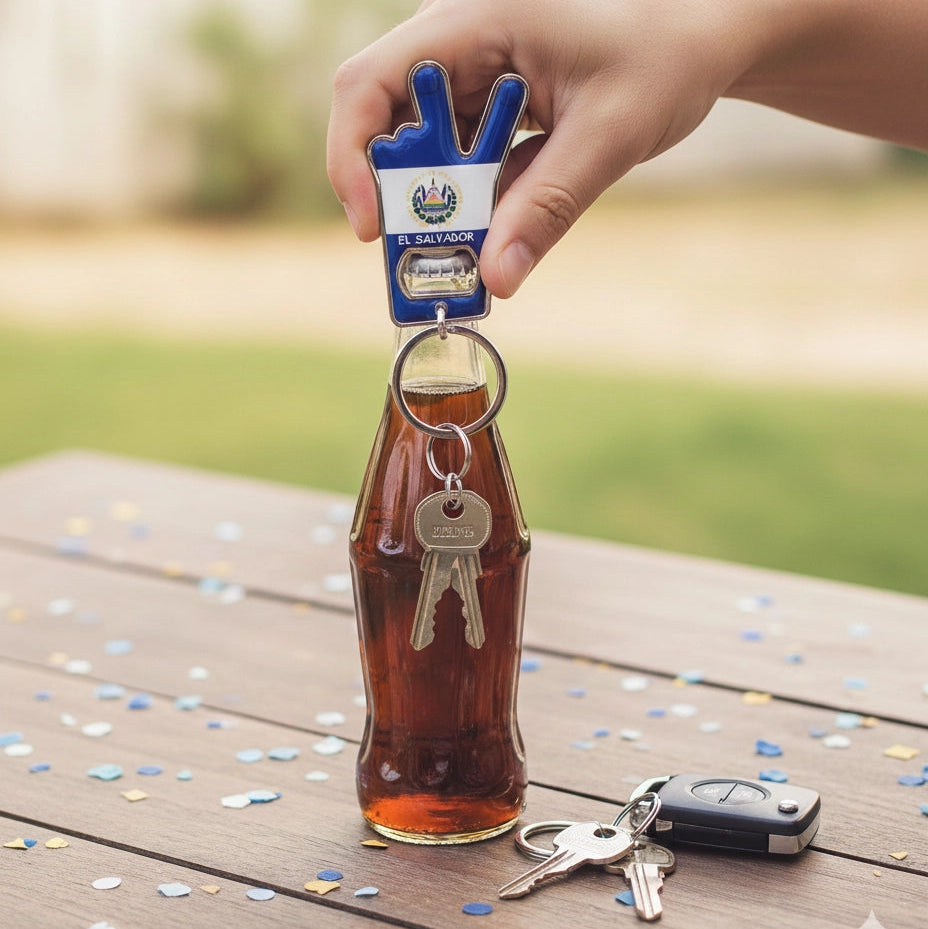 El Salvador Flag Hand Gesture Keychain & Bottle Opener (7cm)