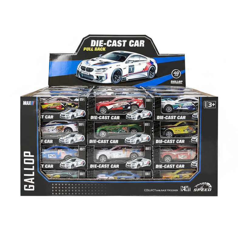 48-Pack Bulk Pull Back Die-Cast Toy Cars – 1:64 Scale Mini Metal Racing Cars Display Box for Kids, Party Favors, Goodie Bag Fillers, and Prizes (KNV-7867)