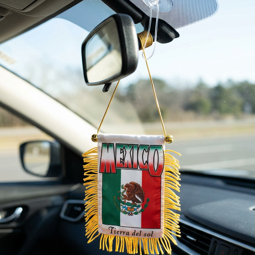 4" x 6" Mini Mexico Flag Banner with Suction Cup & Fringe Trim (12 Pack Bulk) | Hanging Car Window & Mirror Mini Banner Set (KNV-8485)