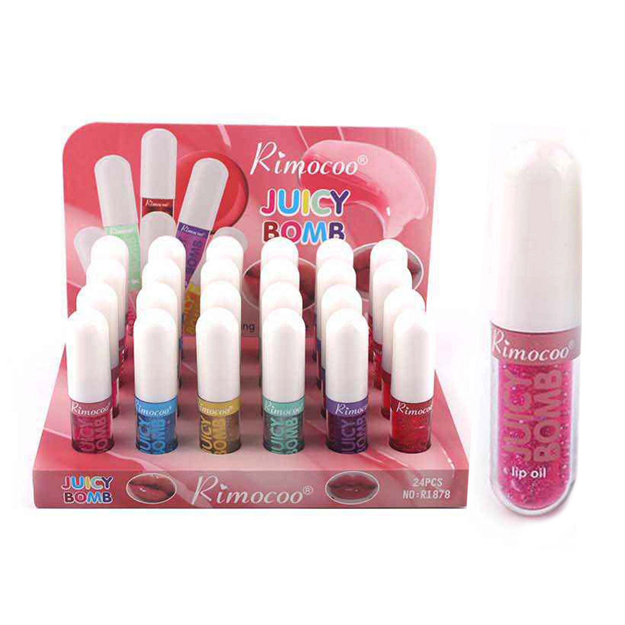 Rimocoo Juicy Bomb Glitter Lip Oil - Shimmering Hydrating Lip Gloss Display (24 Pcs) KNV-9774