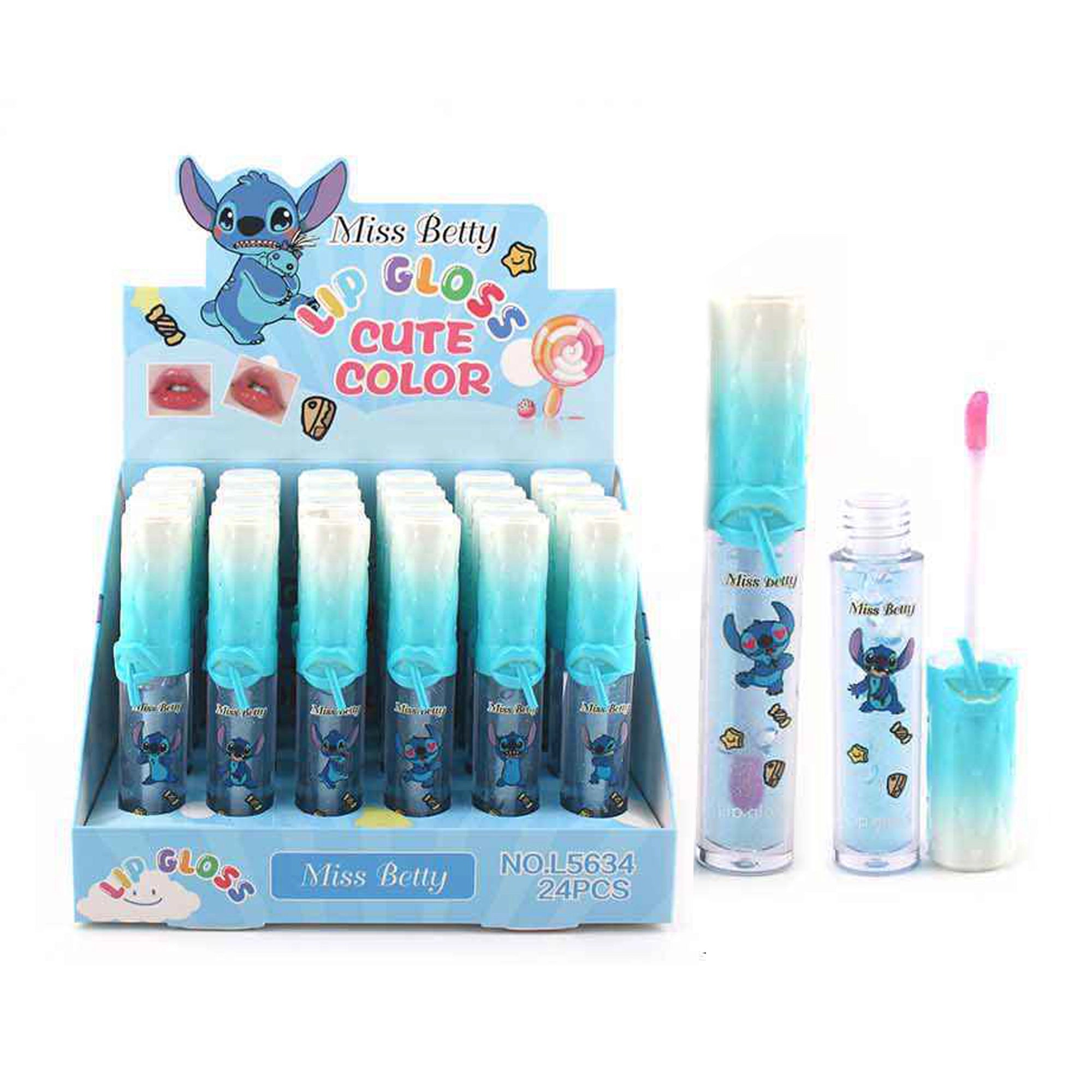 24pc Blue Alien Character Lip Gloss Set –High-Shine Gloss with Countertop Display (KNV-9991)