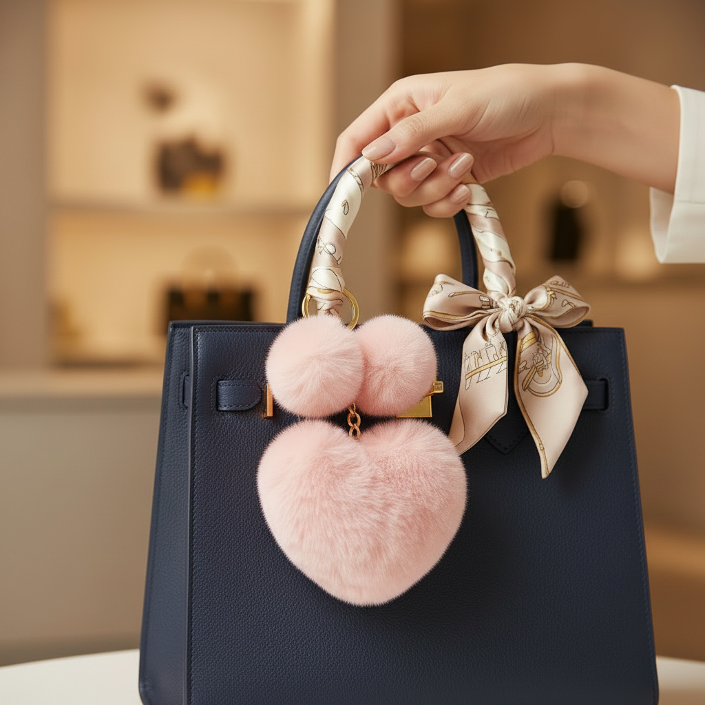 Fluffy Faux Fur Heart & Pom Pom Keychain – Chic Bag Accessory (KY807)
