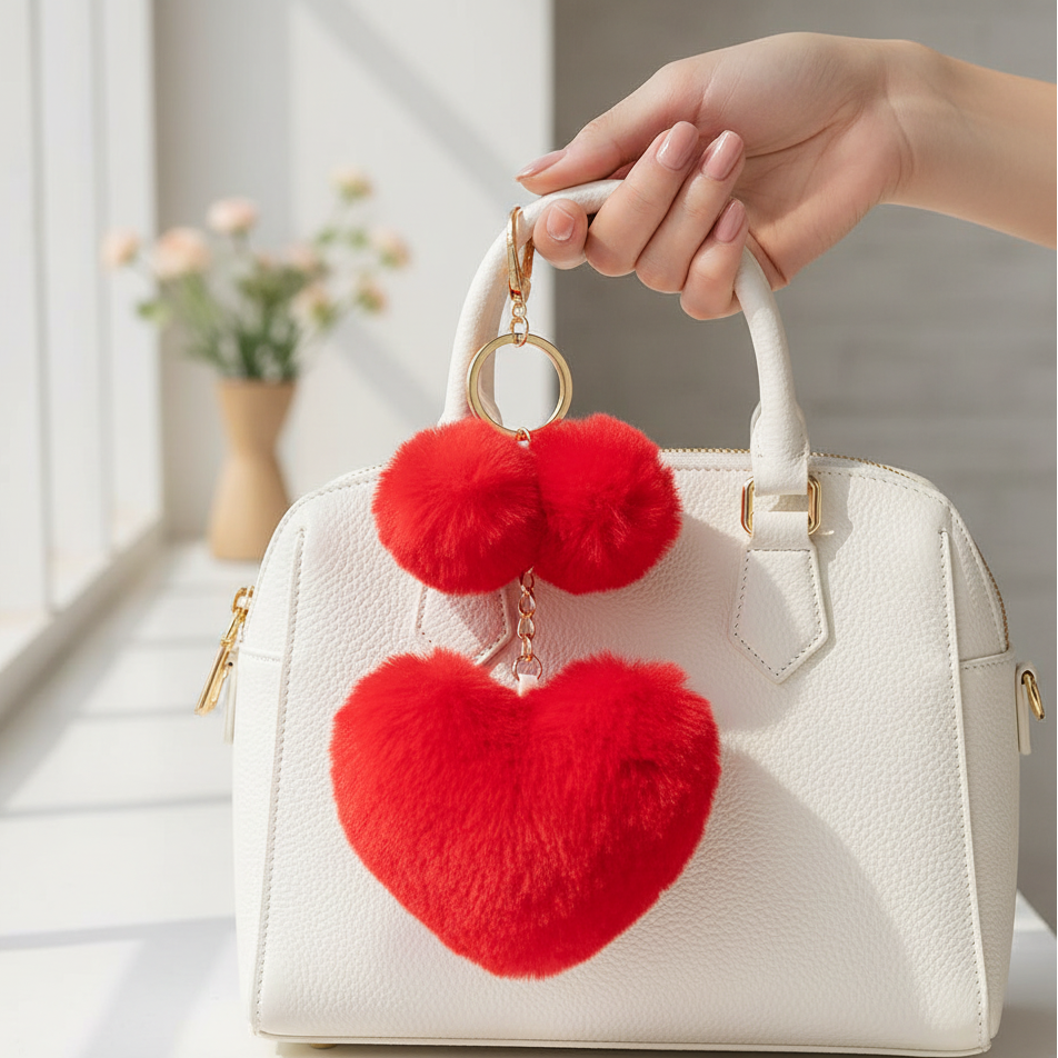Plush Red Double Heart Faux Fur Keychain Accessory (KY807RD)