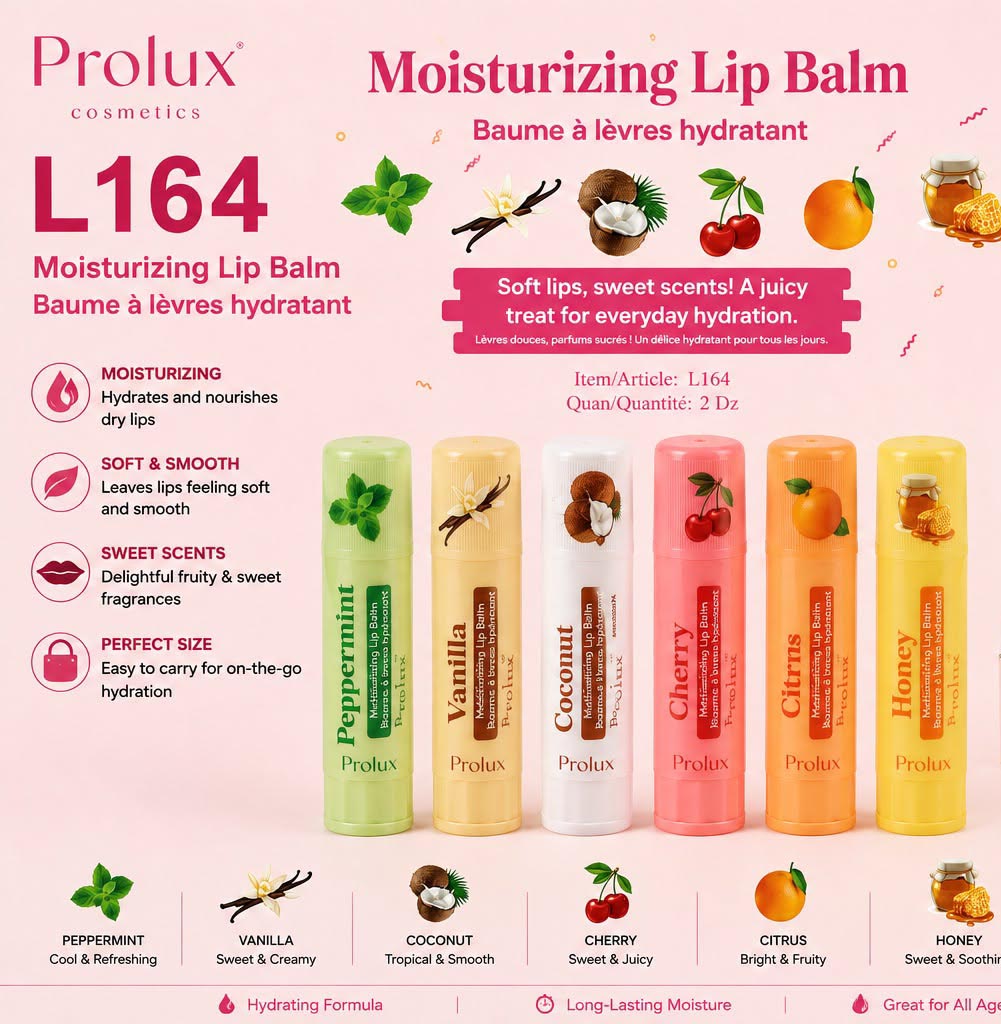 Prolux Moisturizing Lip Balm Retail Display Set – 24 Pcs (6 Flavors Assortment)