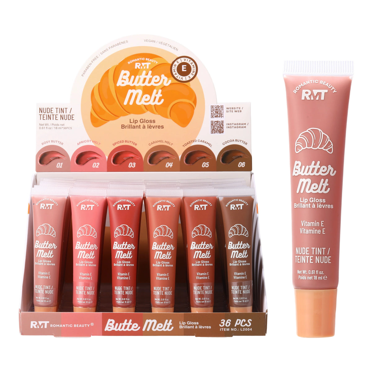 Romantic Beauty Butter Melt Lip Gloss Display Set - Nude Tint Hydrating Lip Gloss with Vitamin E (36 Pcs)