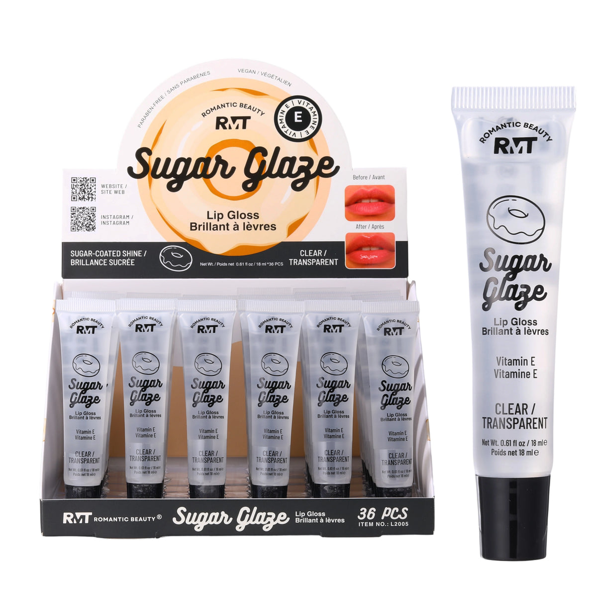 Romantic Beauty Sugar Glaze Clear Lip Gloss with Vitamin E (0.61 oz / 18 ml) – Vegan, Paraben-Free High-Shine Lip Care (36-Pieces)