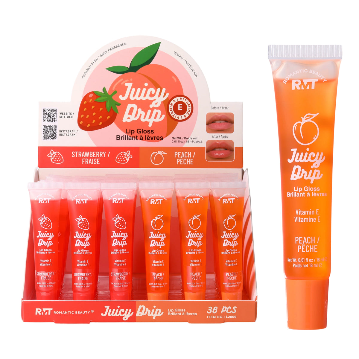 Romantic Beauty Juicy Drip Fruity Lip Gloss Display Set - Strawberry & Peach Hydrating Lip Gloss with Vitamin E