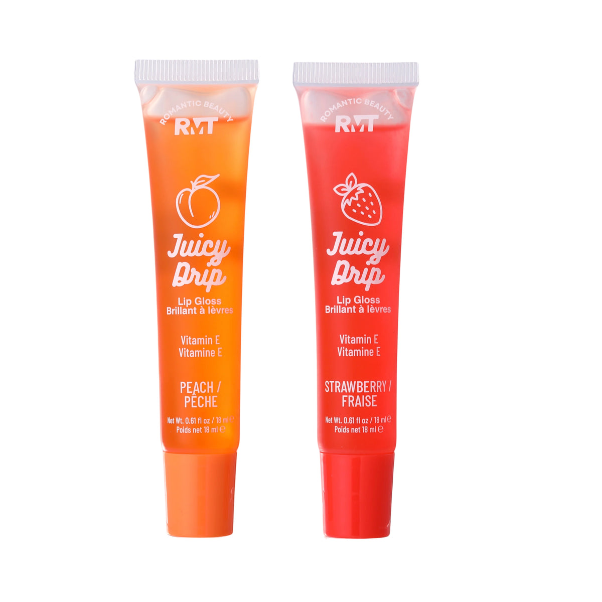 Romantic Beauty Juicy Drip Fruity Lip Gloss Display Set - Strawberry & Peach Hydrating Lip Gloss with Vitamin E
