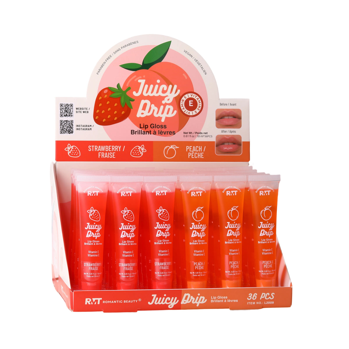 Romantic Beauty Juicy Drip Fruity Lip Gloss Display Set - Strawberry & Peach Hydrating Lip Gloss with Vitamin E
