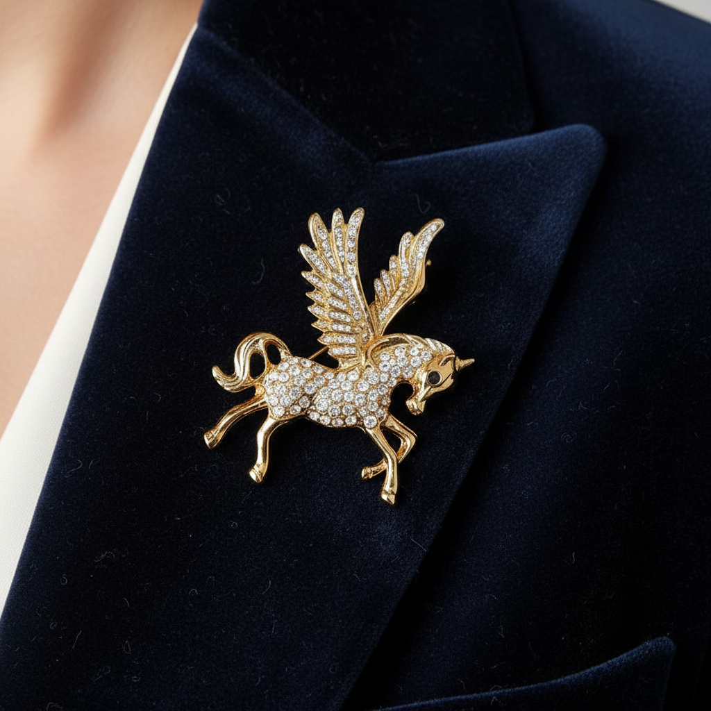 Sparkling Rhinestone Pegasus Brooch Pin – Elegant Crystal Flying Horse Lapel Pin for Women, Suit & Dress Accessory (Gold & Silver, 5cm) (LBC-0016GS)
