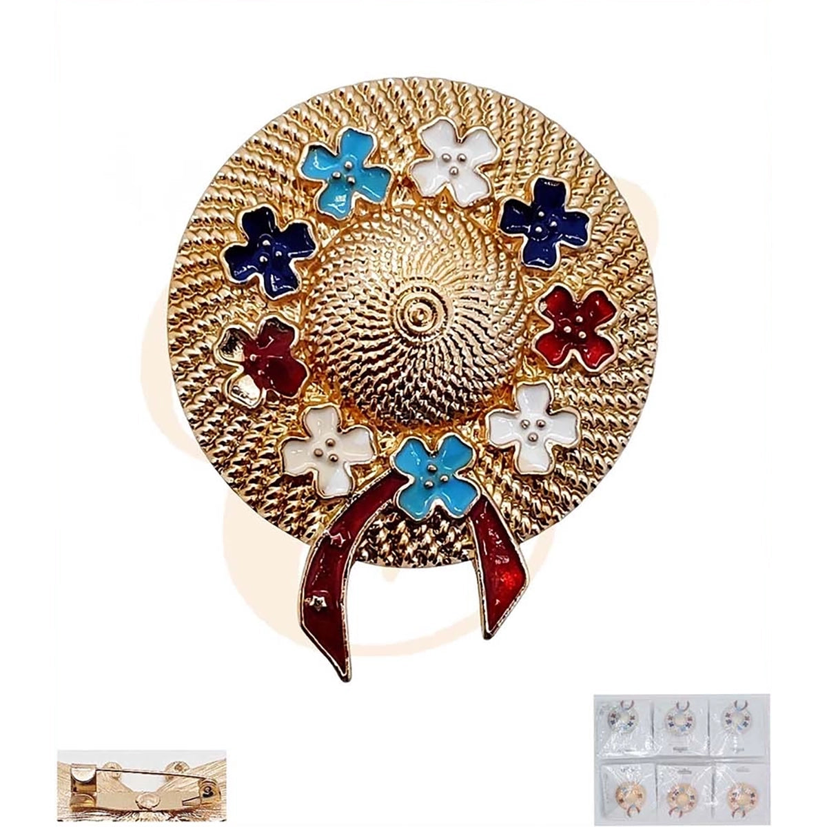 Vintage Straw Hat Floral Enamel Brooch Pin – Sun Hat Lapel Pin with Colorful Flowers & Ribbon Bow (LBC-0020GS A)