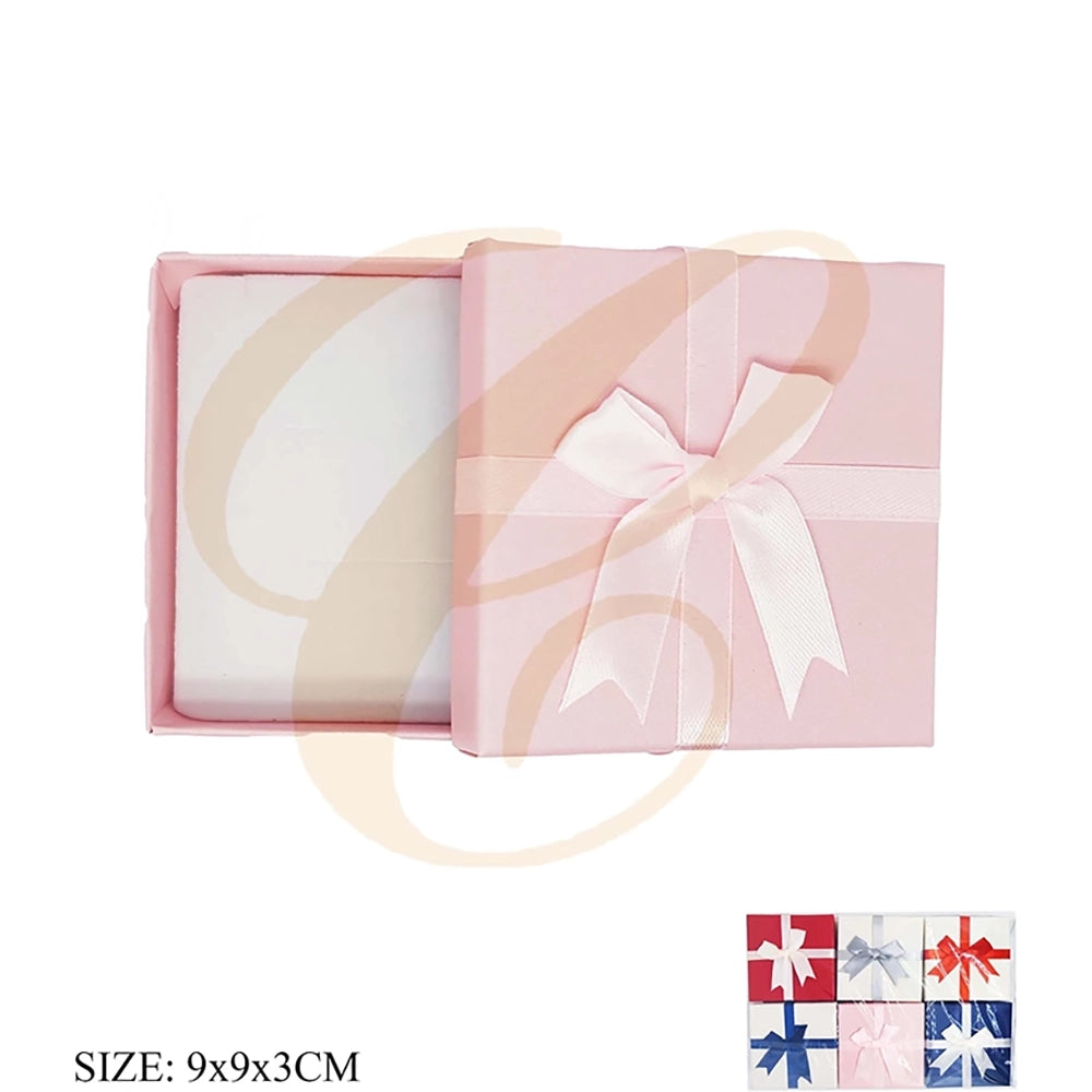 Square Ribbon Wrapped Jewelry Gift Box with Satin Bow – 9x9x3cm Ring & Earring Presentation Box Set (LBX-0303)