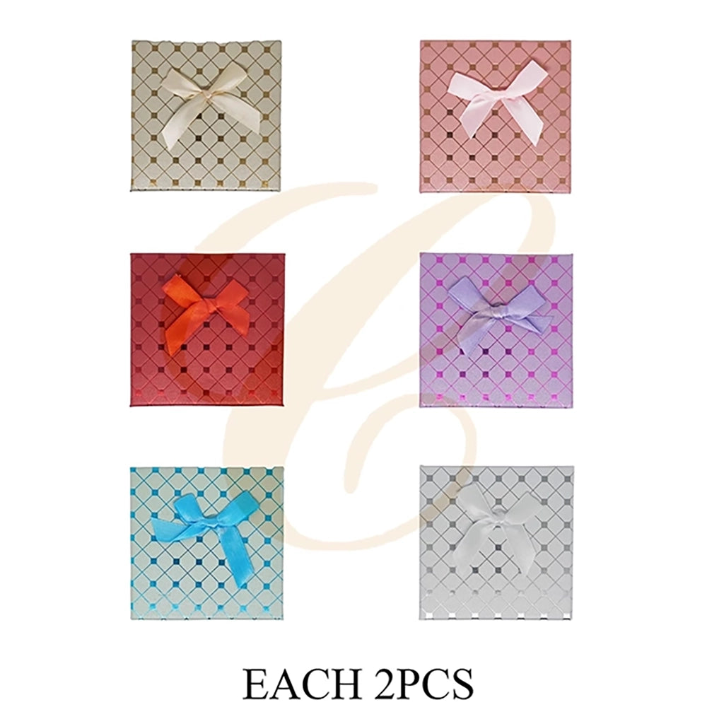 Square Grid Pattern Jewelry Gift Box with Ribbon Bow – 9x9x3cm Ring & Earring Presentation Box Set (LBX-0336)