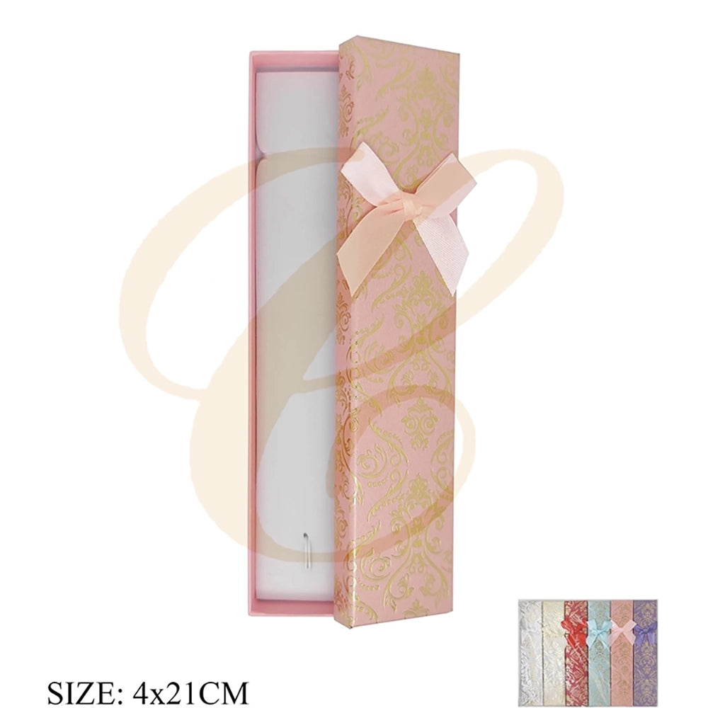 Long Vintage Floral Damask Jewelry Gift Box with Ribbon Bow – 4x21cm Bracelet & Necklace Presentation Box Set (LBX-0337)