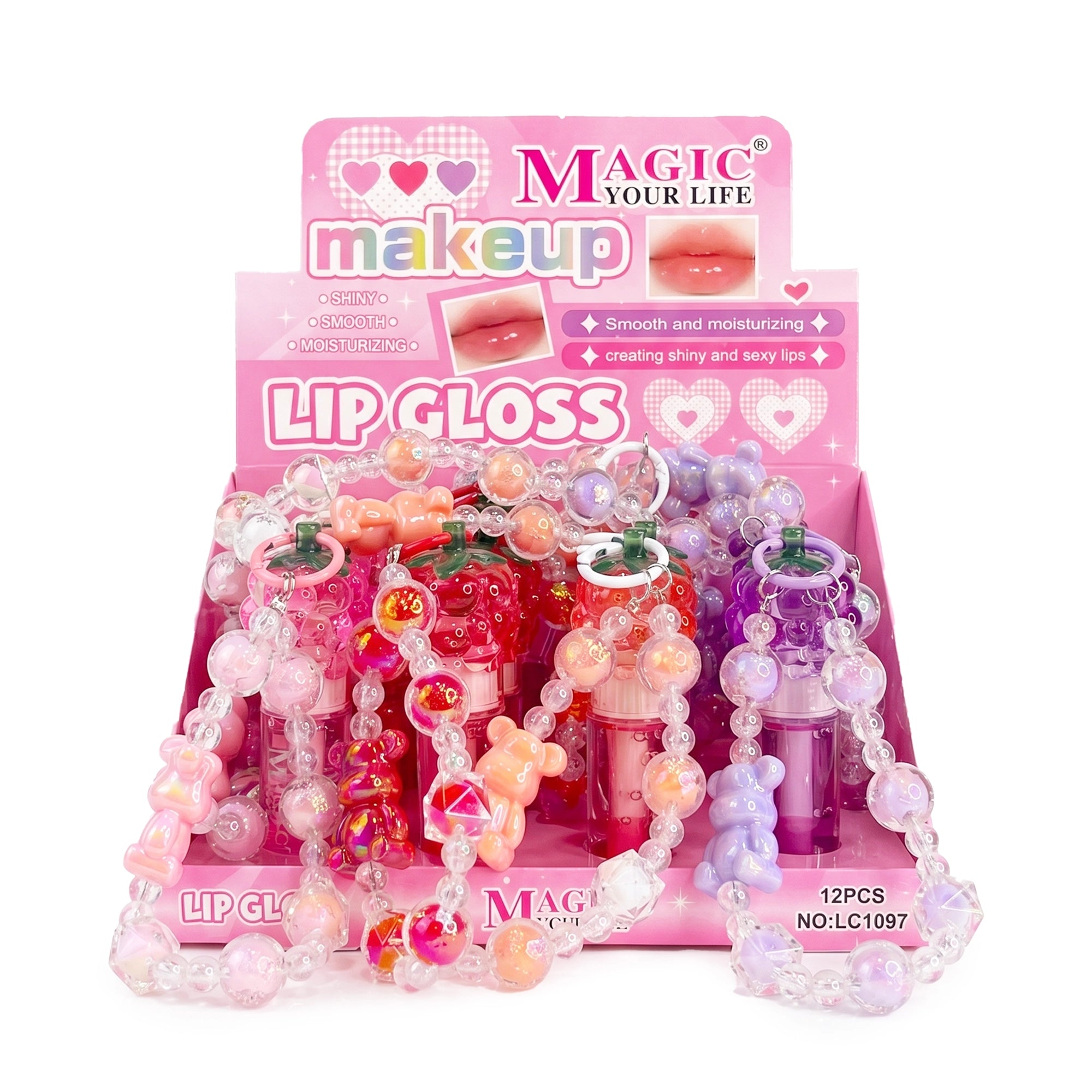 Magic Your Life 12-Piece Kids Lip Gloss Set with Beaded Keychain Straps – Cute Strawberry & Grape Fruit-Shaped Lip Gloss (LC1097)