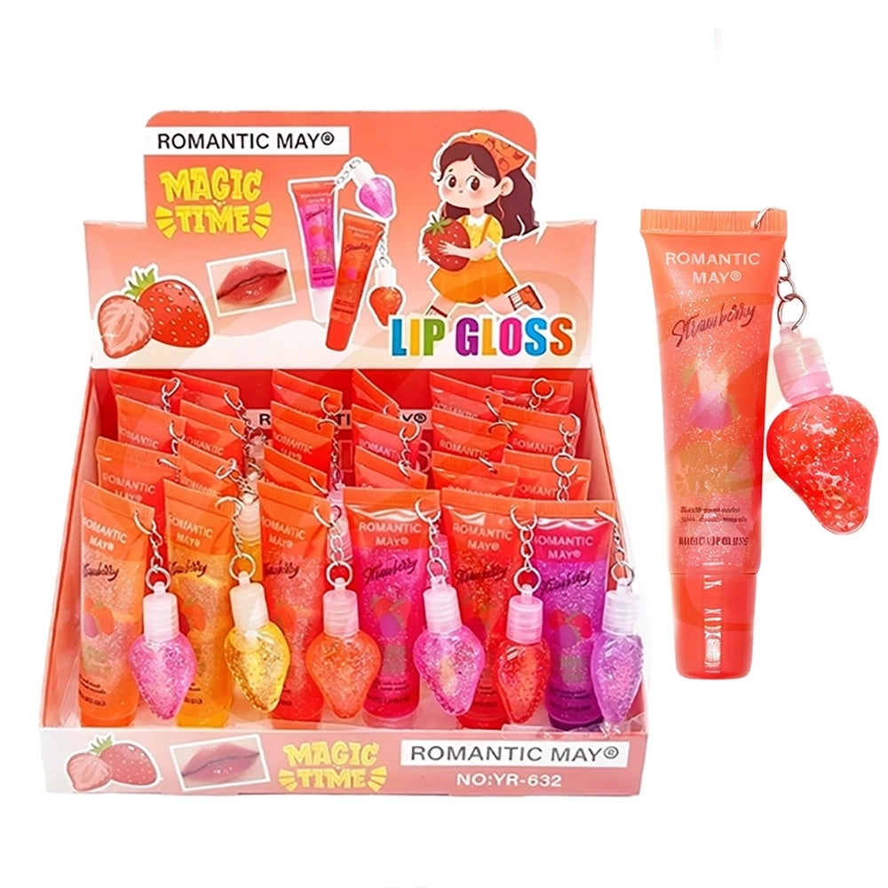 ROMANTIC MAY Magic Times Strawberry Lip Gloss with Strawberry Keychain Charm – Hydrating Lip Gloss Tube Display 24pcs (LCS-0780)