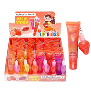 ROMANTIC MAY Magic Times Strawberry Lip Gloss with Strawberry Keychain Charm – Hydrating Lip Gloss Tube Display 24pcs (LCS-0780)