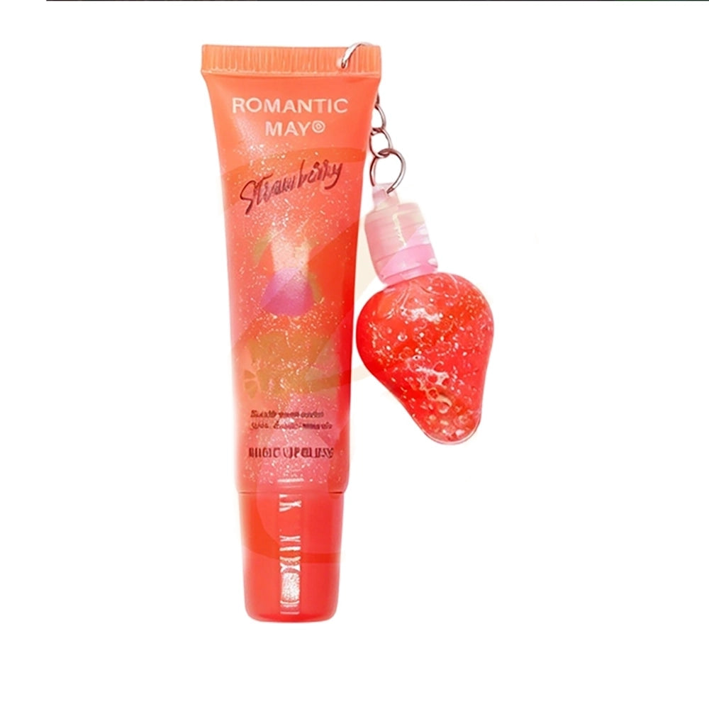 ROMANTIC MAY Magic Times Strawberry Lip Gloss with Strawberry Keychain Charm – Hydrating Lip Gloss Tube Display 24pcs (LCS-0780)