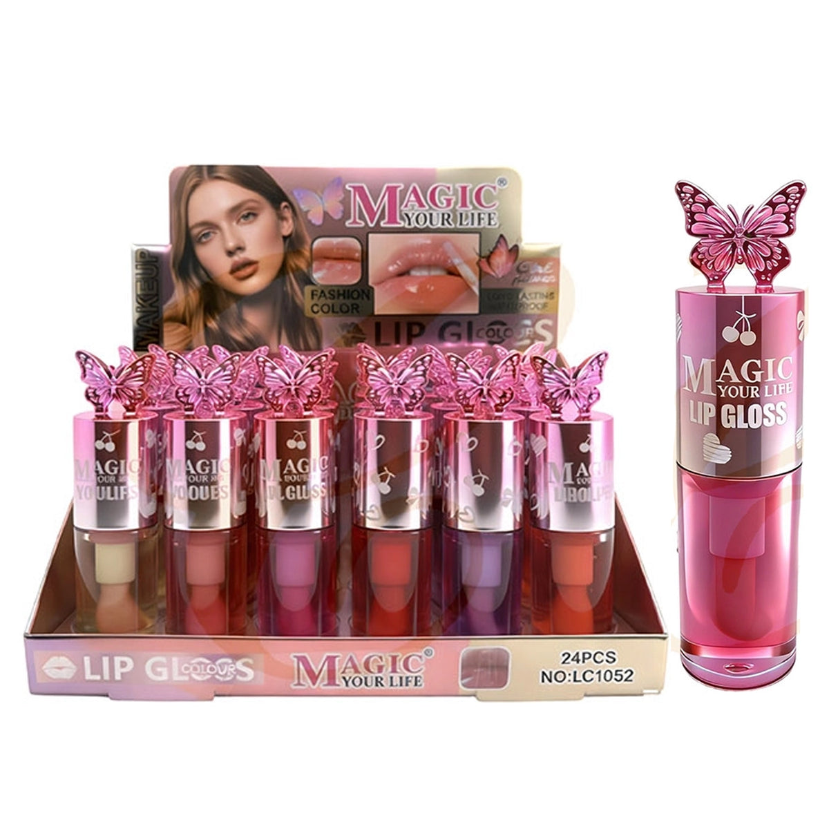 Magic Your Life" Butterfly Topper Lip Gloss Set – High-Shine Hydrating Tinted Gloss 24-Pieces (LCS-0792)