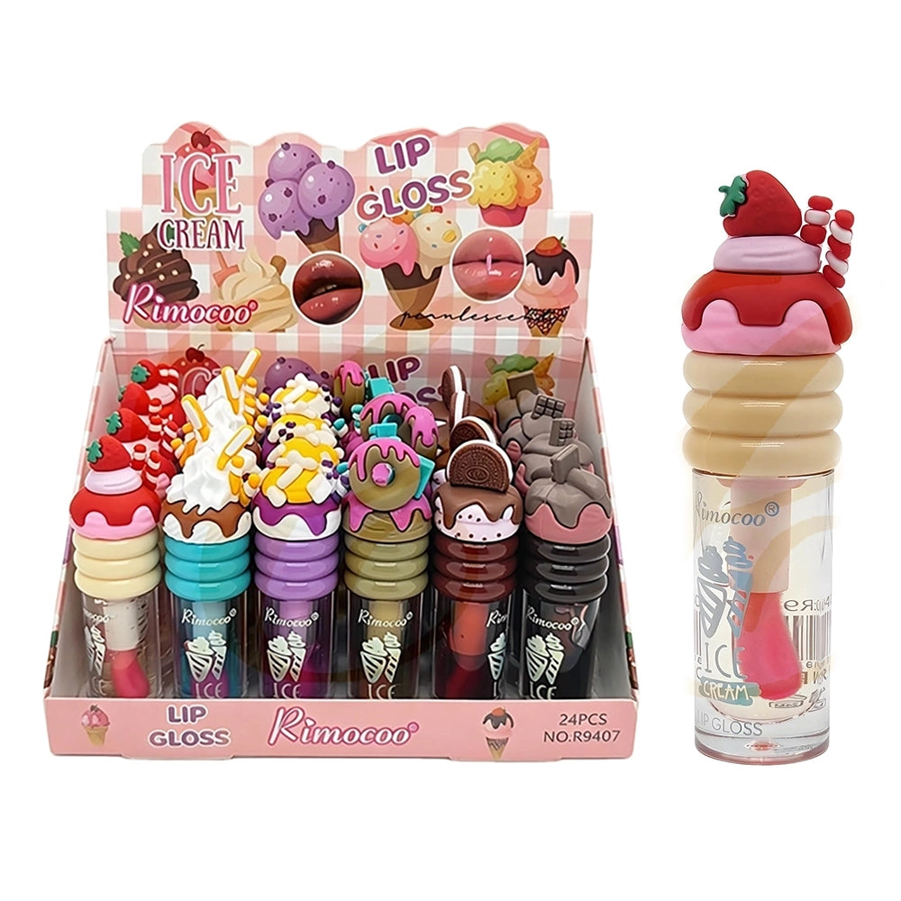 Rimocoo Ice Cream Pearlescent Lip Gloss – Hydrating Glossy Lip Tint in Dessert Cone Container Display (LCS-0872)