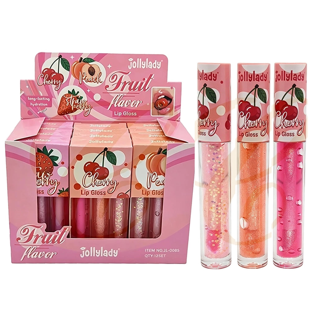 Jollylady Fruit Flavor Hydrating Lip Gloss – Long-Lasting Shiny Lip Gloss Display Set (12-Piece (LCS-0873)