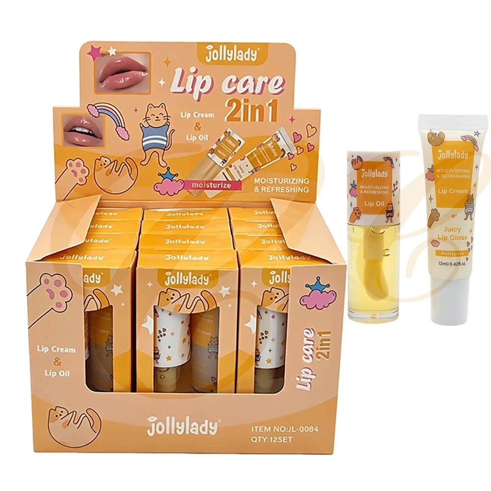 Jollylady Lip Care 2-in-1 Set – Moisturizing & Refreshing Lip Oil & Lip Cream (12ml / 0.42 fl oz) Display (LCS-0874)