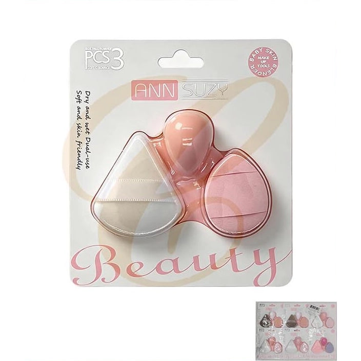 Ann Suzy 3-Piece Makeup Blender & Powder Puff Set (12pk) | Dry and Wet Dual-Use Soft Beauty Sponge & Triangle Cushion Puff Pack    (LCS-0886)