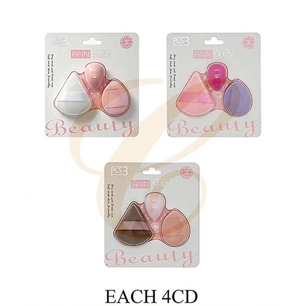 Ann Suzy 3-Piece Makeup Blender & Powder Puff Set (12pk) | Dry and Wet Dual-Use Soft Beauty Sponge & Triangle Cushion Puff Pack    (LCS-0886)