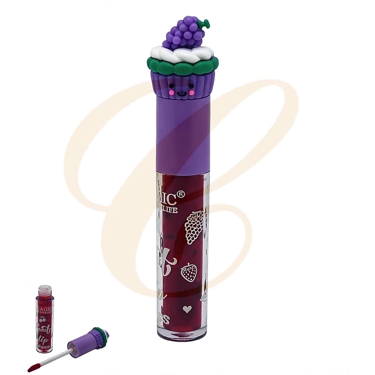 Magic Your Life Fruit Cupcake Lip Gloss – Novelty Sweet Lip Shine with 3D Silicone Dessert Topper (24 Pcs) (LCS-0899)
